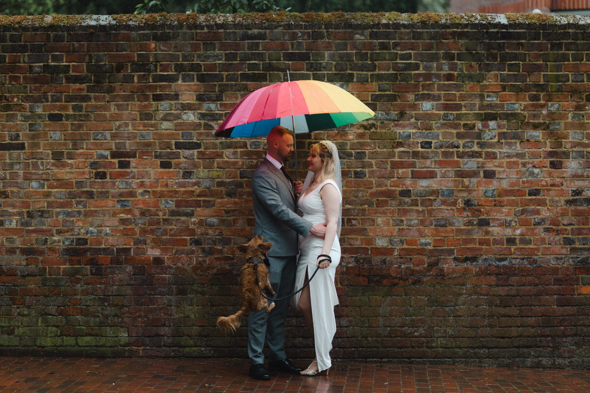 Reading Modern Wedding Photography - Couple on wedding day, with dog holding a rainbow umbrella